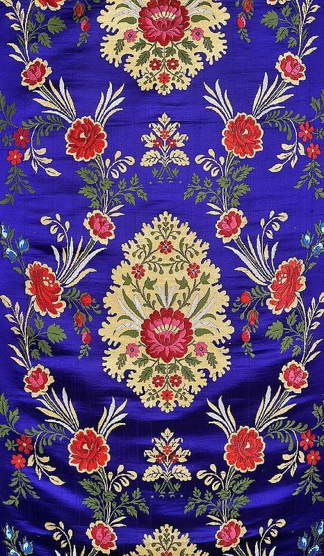 exotic india Royal-Blue Brocade Fabric from Banaras with Hand-woven Roses 