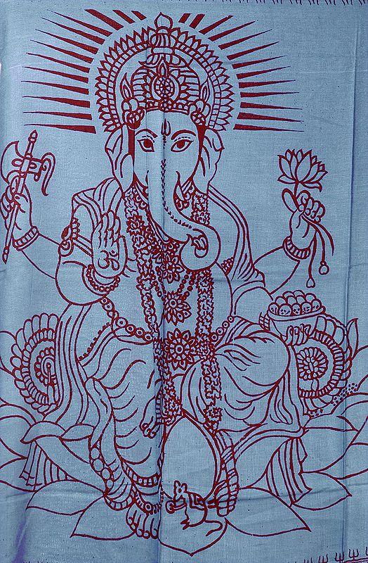Exotic India Royal-Blue Printed Ganesha PolyCotton Prayer Shawl 