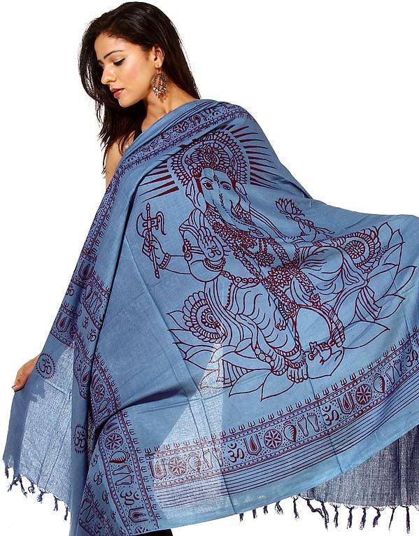 exotic india Royal-Blue Printed Ganesha PolyCotton Prayer Shawl 