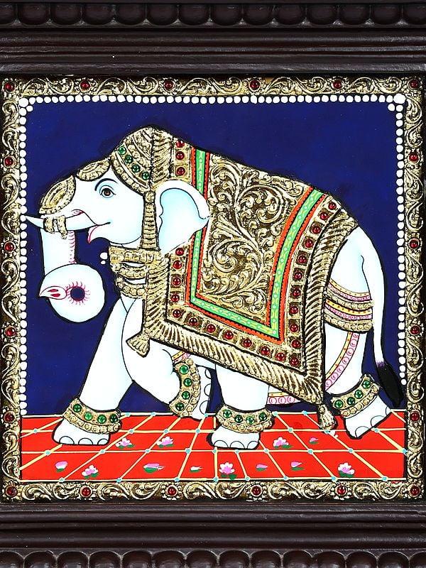 Exotic India Royal Elephant | 24 Karat Gold Work | Framed Tanjore Painting