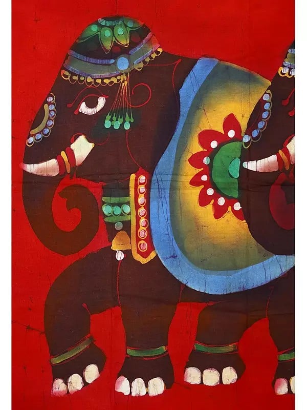 Exotic India Royal Indian Elephants Batik Painting On Cotton 