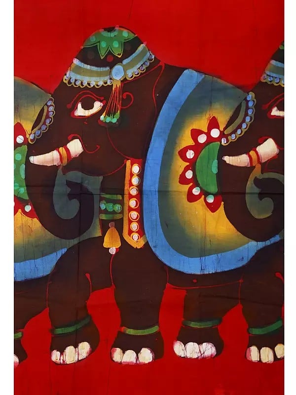 Exotic India Royal Indian Elephants Batik Painting On Cotton 