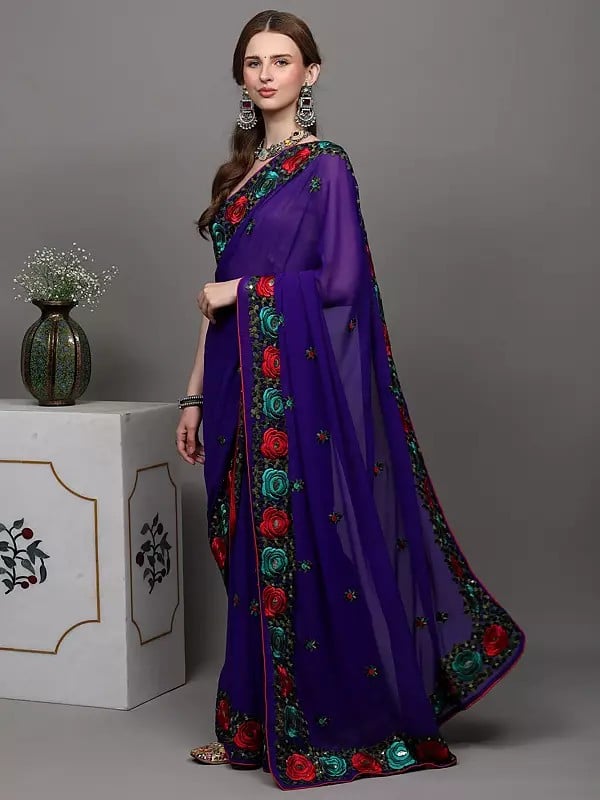 Exotic India Royal-Purple Georgette Saree With Parsi Embroidered Roses On Border 