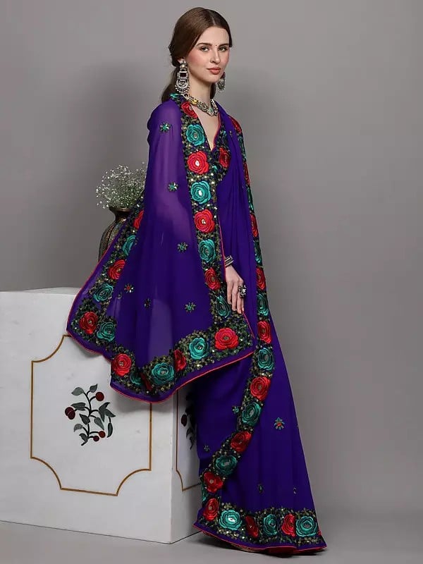 Exotic India Royal-Purple Georgette Saree With Parsi Embroidered Roses On Border 