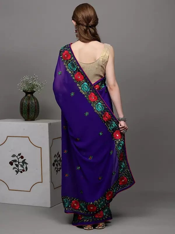 Exotic India Royal-Purple Georgette Saree With Parsi Embroidered Roses On Border 