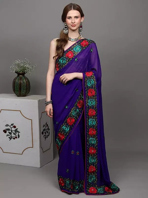 exotic india Royal-Purple Georgette Saree with Parsi Embroidered Roses on Border 