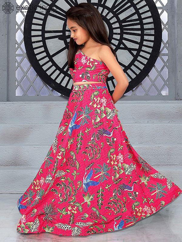Exotic India Ruby-Red Floral Motif Heavy Chinon Kids Lehenga Choli 