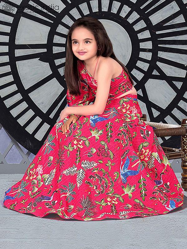 Exotic India Ruby-Red Floral Motif Heavy Chinon Kids Lehenga Choli 