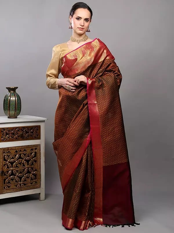 Exotic India Ruby-Wine Pure Silk Handloom Saree With Golden Thread Woven Bootis And Wide Border From Bangalore 