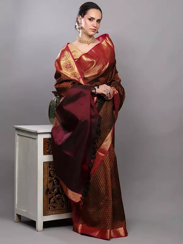 Exotic India Ruby-Wine Pure Silk Handloom Saree With Golden Thread Woven Bootis And Wide Border From Bangalore 