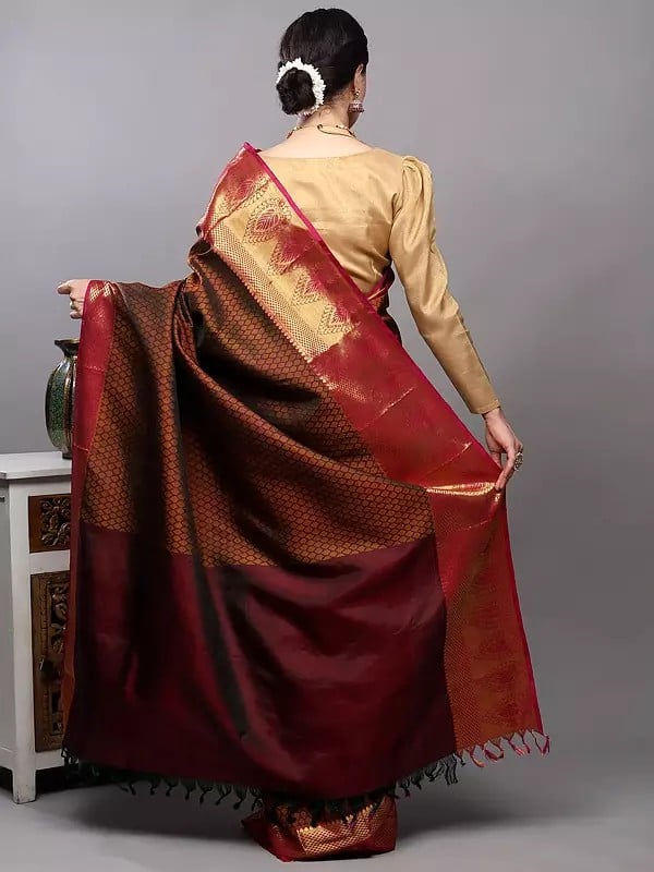 Exotic India Ruby-Wine Pure Silk Handloom Saree With Golden Thread Woven Bootis And Wide Border From Bangalore 