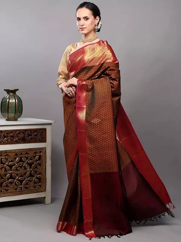 exotic india Ruby-Wine Pure Silk Handloom Saree with Golden Thread woven Bootis and Wide Border from Bangalore 