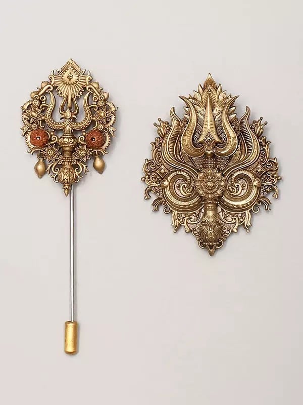exotic india Rudraksha Trishul Lapel Pin and Brooch Set 