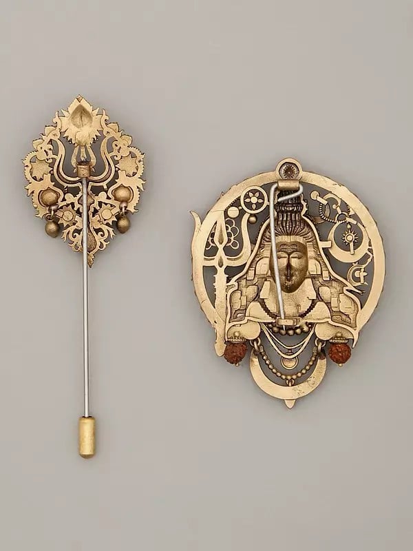 Exotic India Rudraksha Trishul Lapel Pin And Lord Shiva Brooch Set 