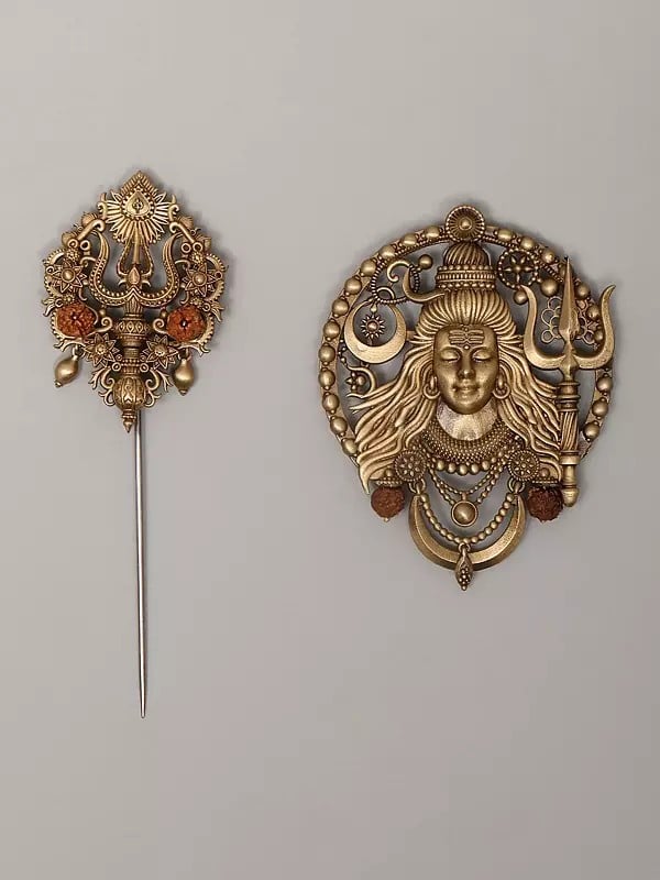 exotic india Rudraksha Trishul Lapel Pin and Lord Shiva Brooch Set 