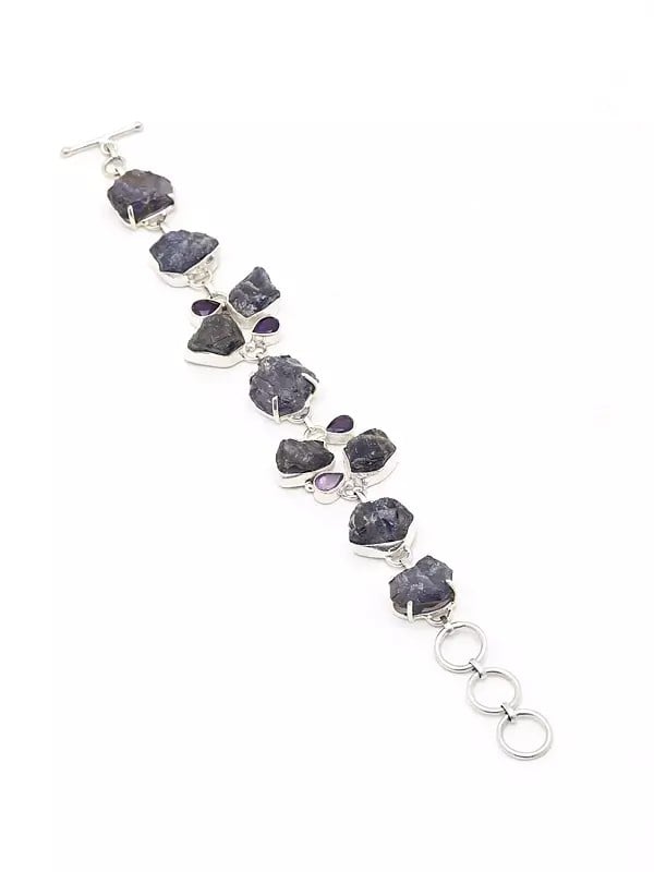 Exotic India Rugged Tanzanite Toggle Clasp Lock Bracelet With Faceted Amethyst 