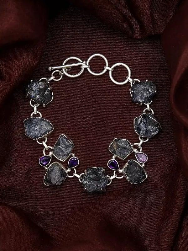 Exotic India Rugged Tanzanite Toggle Clasp Lock Bracelet With Faceted Amethyst 