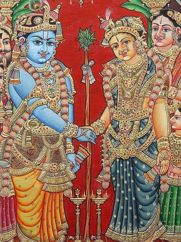 Exotic India Rukmini Kalyanam Tanjore Painting With Teakwood Frame