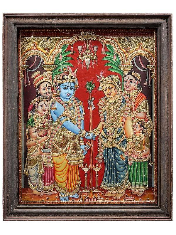 exotic india Rukmini Kalyanam Tanjore Painting with Teakwood Frame