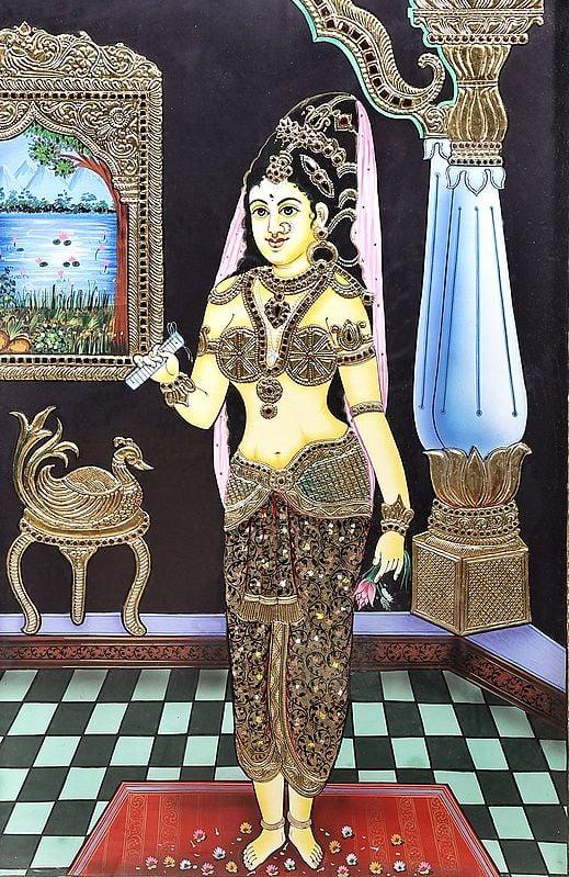 Exotic India Rukmini Wrote A Love Letter To Krishna Tanjore Painting | Traditional Colors With 24K Gold | Teakwood Frame | Gold & Wood | Handmade | Made In India