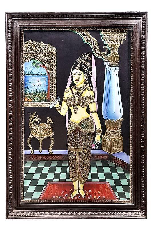 exotic india Rukmini Wrote a Love letter to Krishna Tanjore Painting | Traditional Colors With 24K Gold | Teakwood Frame | Gold & Wood | Handmade | Made In India
