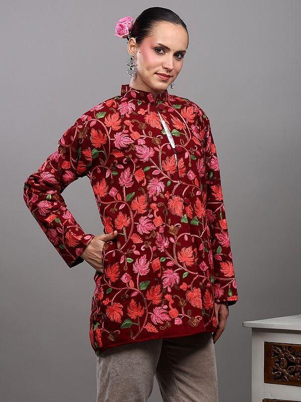 Exotic India Rumba-Red Short Jacket From Kashmir With Aari Embroidered Maple Leaf Vines
