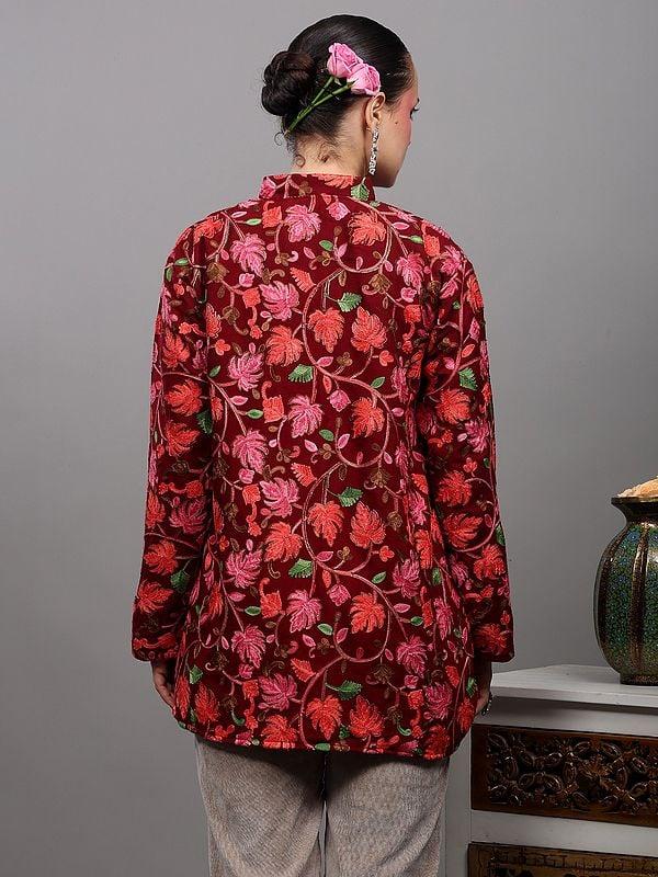 Exotic India Rumba-Red Short Jacket From Kashmir With Aari Embroidered Maple Leaf Vines