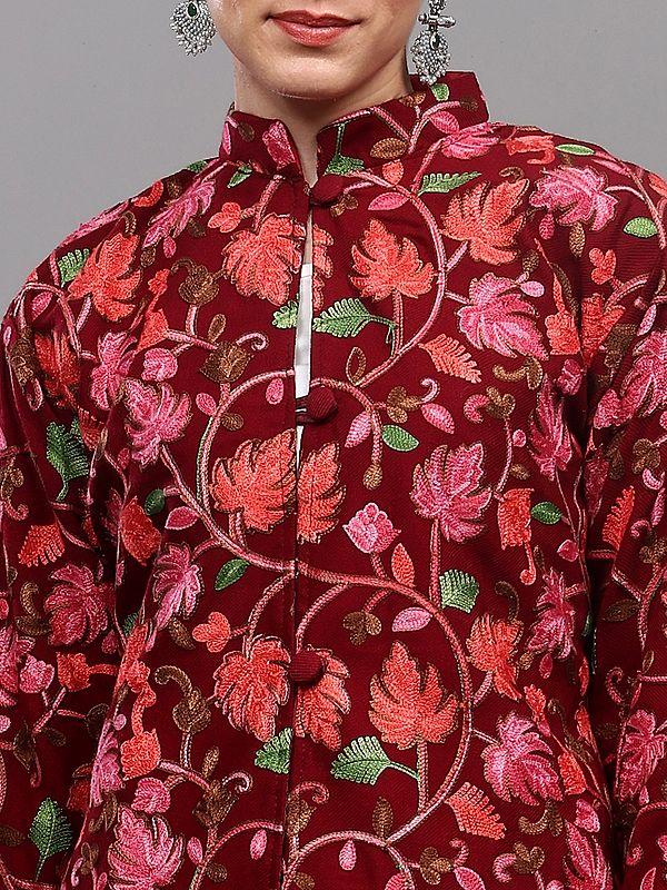 Exotic India Rumba-Red Short Jacket From Kashmir With Aari Embroidered Maple Leaf Vines