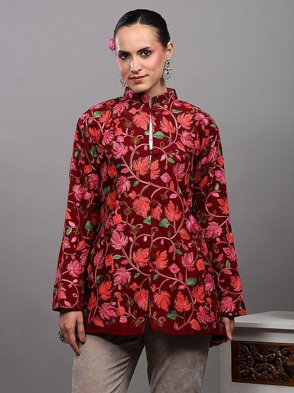 exotic india Rumba-Red Short Jacket from Kashmir with Aari Embroidered Maple Leaf Vines 