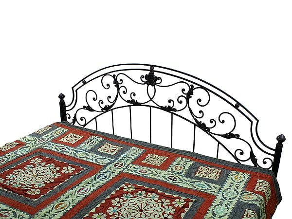 Exotic India Rust Kantha Bedcover With Multicolor Floral Applique Patches From Jodhpur