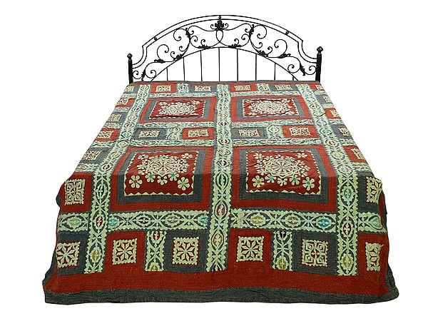 exotic india Rust Kantha Bedcover With Multicolor Floral Applique Patches From Jodhpur 