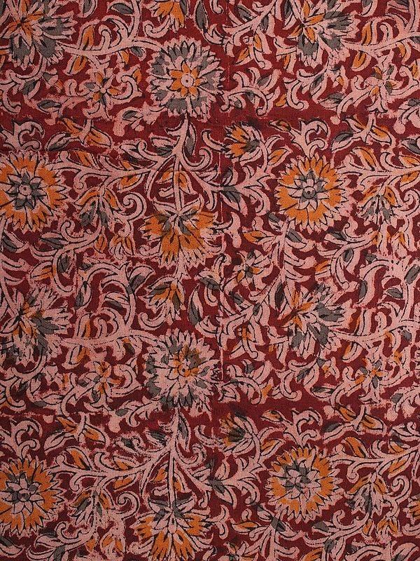 Exotic India Rusty-Maroon Pure Cotton Fabric With Kalamkari Block Print