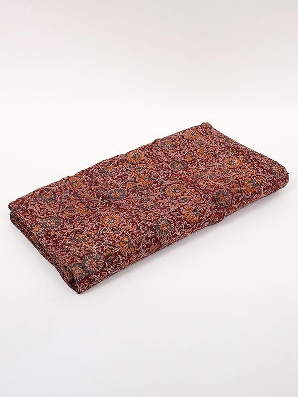 exotic india Rusty-Maroon Pure Cotton Fabric with Kalamkari Block Print 