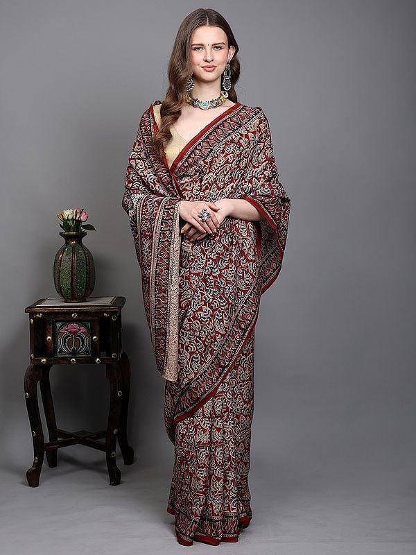 Exotic India Rythmic-Red Kalamkari Saree With Printed All-Over Betel Leaf Vines From Telangana 