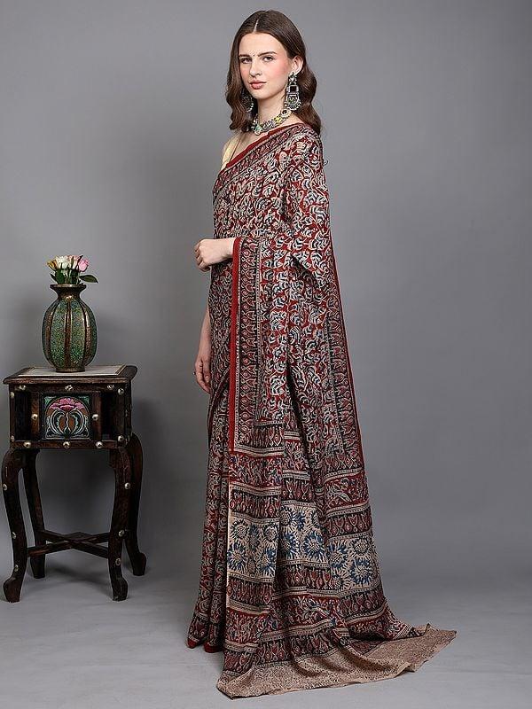 Exotic India Rythmic-Red Kalamkari Saree With Printed All-Over Betel Leaf Vines From Telangana 
