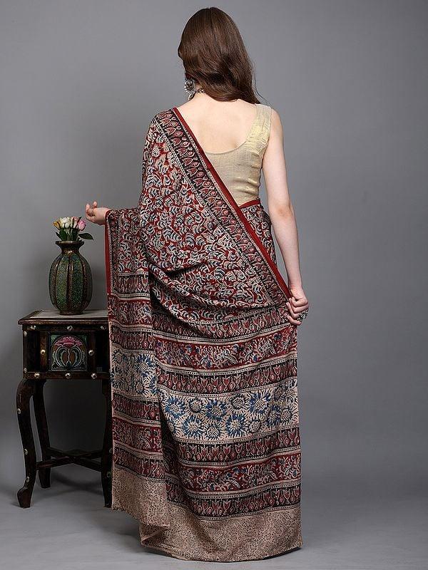 Exotic India Rythmic-Red Kalamkari Saree With Printed All-Over Betel Leaf Vines From Telangana 