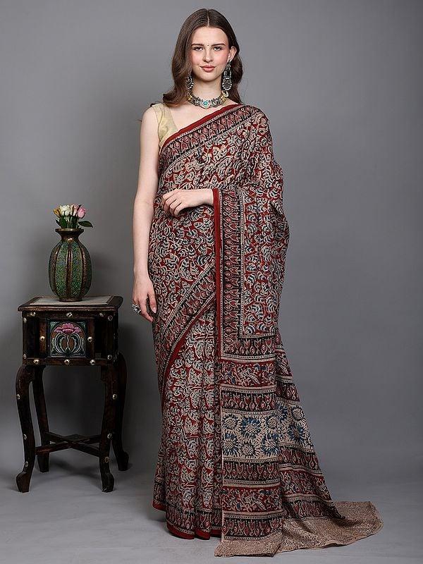 exotic india Rythmic-Red Kalamkari Saree with Printed All-Over Betel Leaf Vines from Telangana 