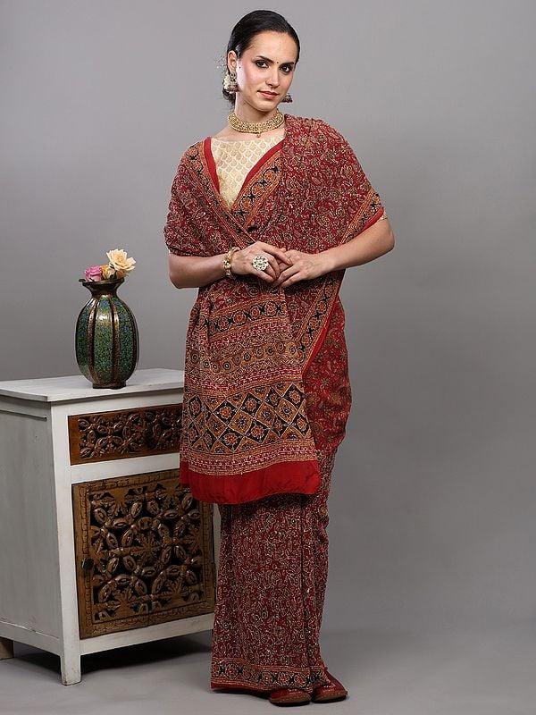 Exotic India Rythmic-Red Sequins And Kantha Embroidered Crepe Saree With Printed Flowers 