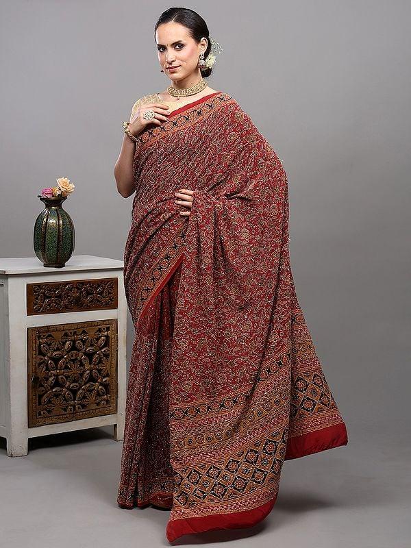 Exotic India Rythmic-Red Sequins And Kantha Embroidered Crepe Saree With Printed Flowers 