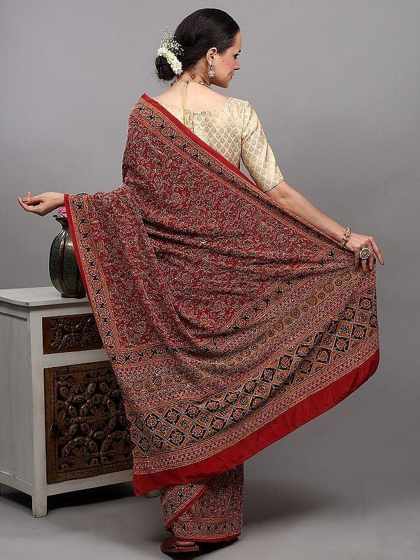 Exotic India Rythmic-Red Sequins And Kantha Embroidered Crepe Saree With Printed Flowers 