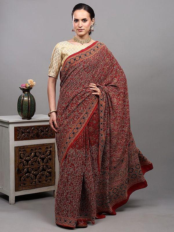 exotic india Rythmic-Red Sequins and Kantha Embroidered Crepe Saree with Printed Flowers 