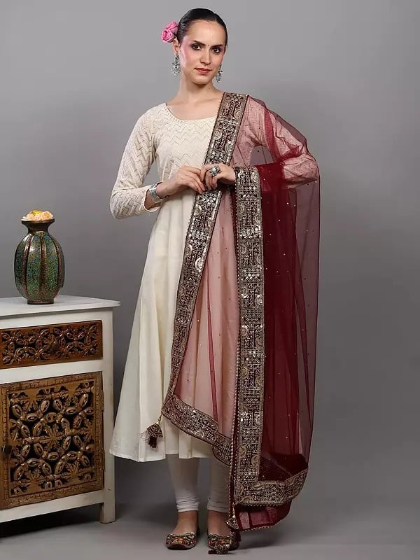Exotic India Sada Saubhagyawati Bhav Bridal Wedding Dupatta With Heavy Zari-Sequins Embroidered Border And Latkan 
