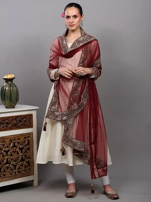 Exotic India Sada Saubhagyawati Bhav Bridal Wedding Dupatta With Heavy Zari-Sequins Embroidered Border And Latkan 