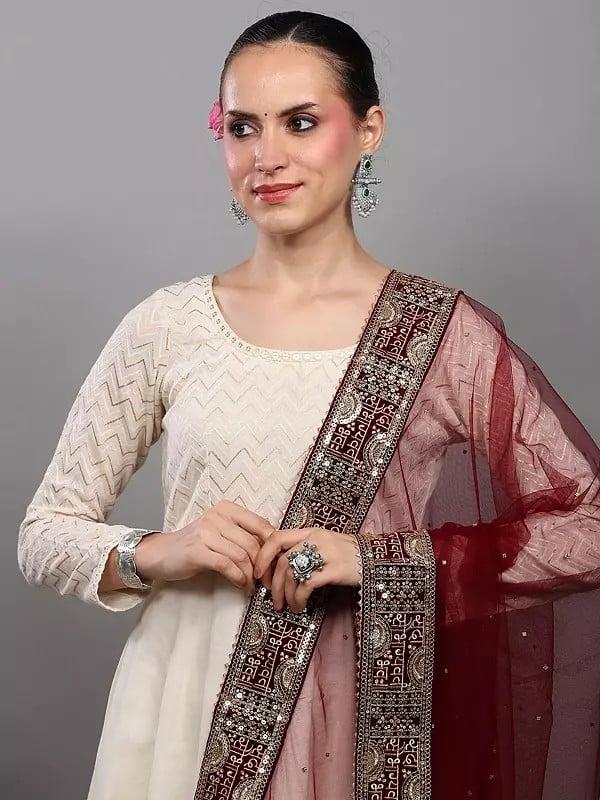 Exotic India Sada Saubhagyawati Bhav Bridal Wedding Dupatta With Heavy Zari-Sequins Embroidered Border And Latkan 