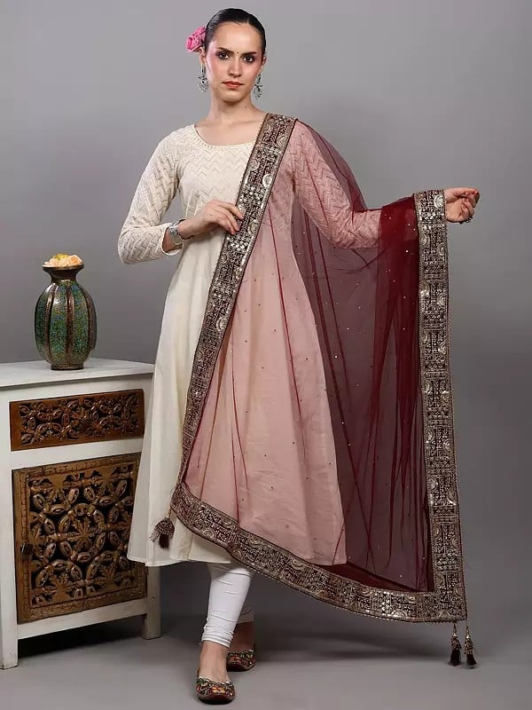 exotic india Sada Saubhagyawati Bhav Bridal Wedding Dupatta with Heavy Zari-Sequins Embroidered Border and Latkan 