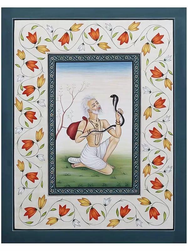 exotic india Sadhu with a Serpent | Watercolor Painting 