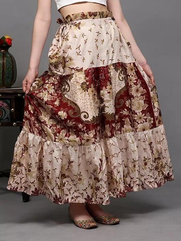 Exotic India Salsa-Rosa Floral Printed Long Skirt With Both Side Drawstring Waist 