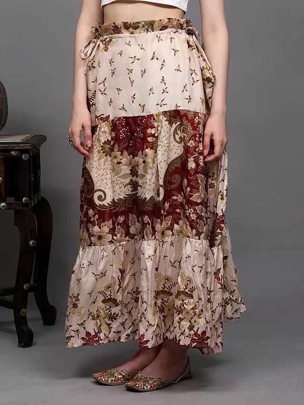 Exotic India Salsa-Rosa Floral Printed Long Skirt With Both Side Drawstring Waist 