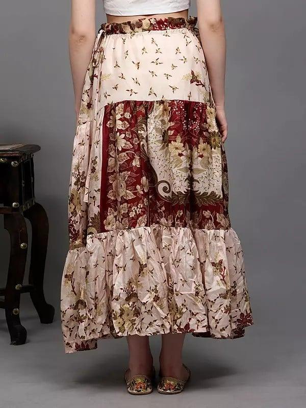 Exotic India Salsa-Rosa Floral Printed Long Skirt With Both Side Drawstring Waist 