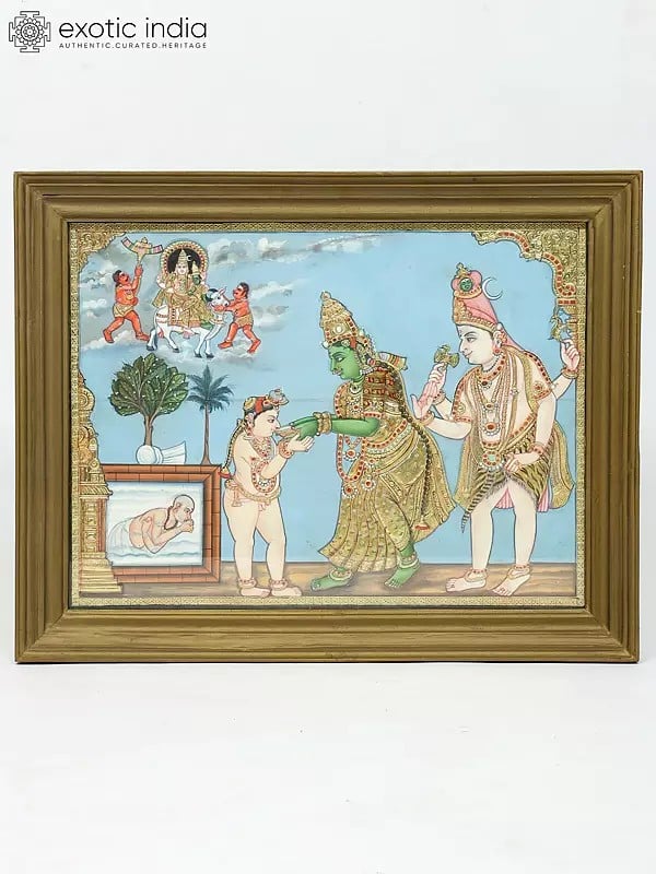 exotic india Sambandar Receives The Milk of Knowledge | Framed Tanjore Painting 